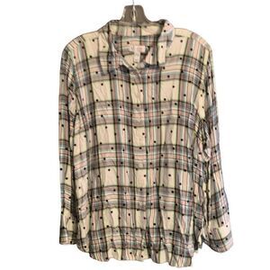 Denim&Co Long  Sleeve Button Down Multi-Color Dot Design Top Size Large